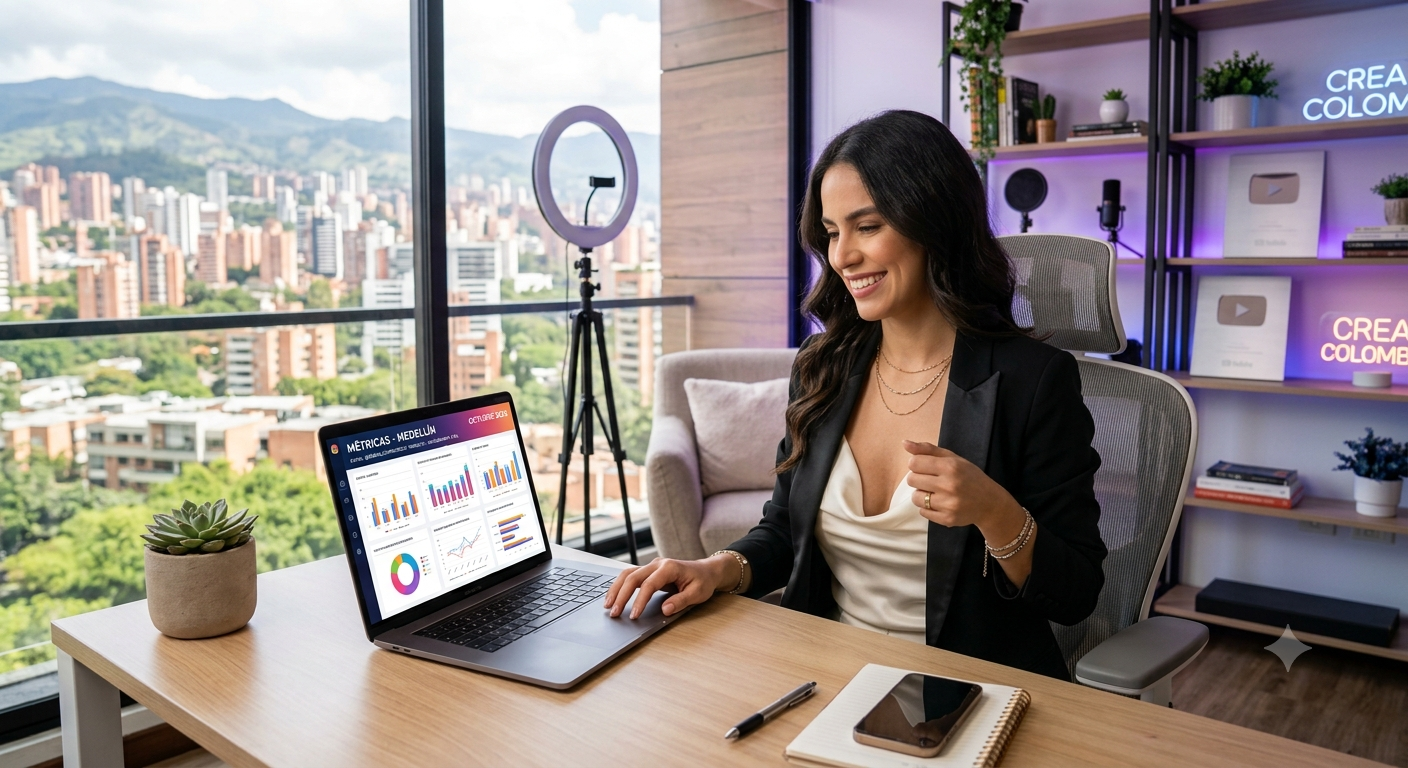 Creadora de contenido trabajando con una agencia de OnlyFans en Colombia en 2026.